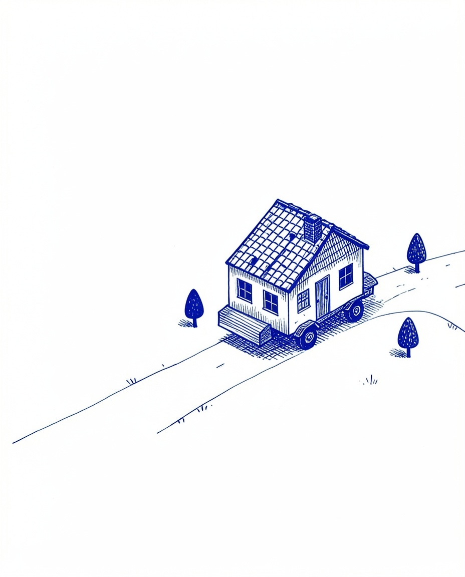 Illustrazione a china: una casa su un rimorchio lungo una strada